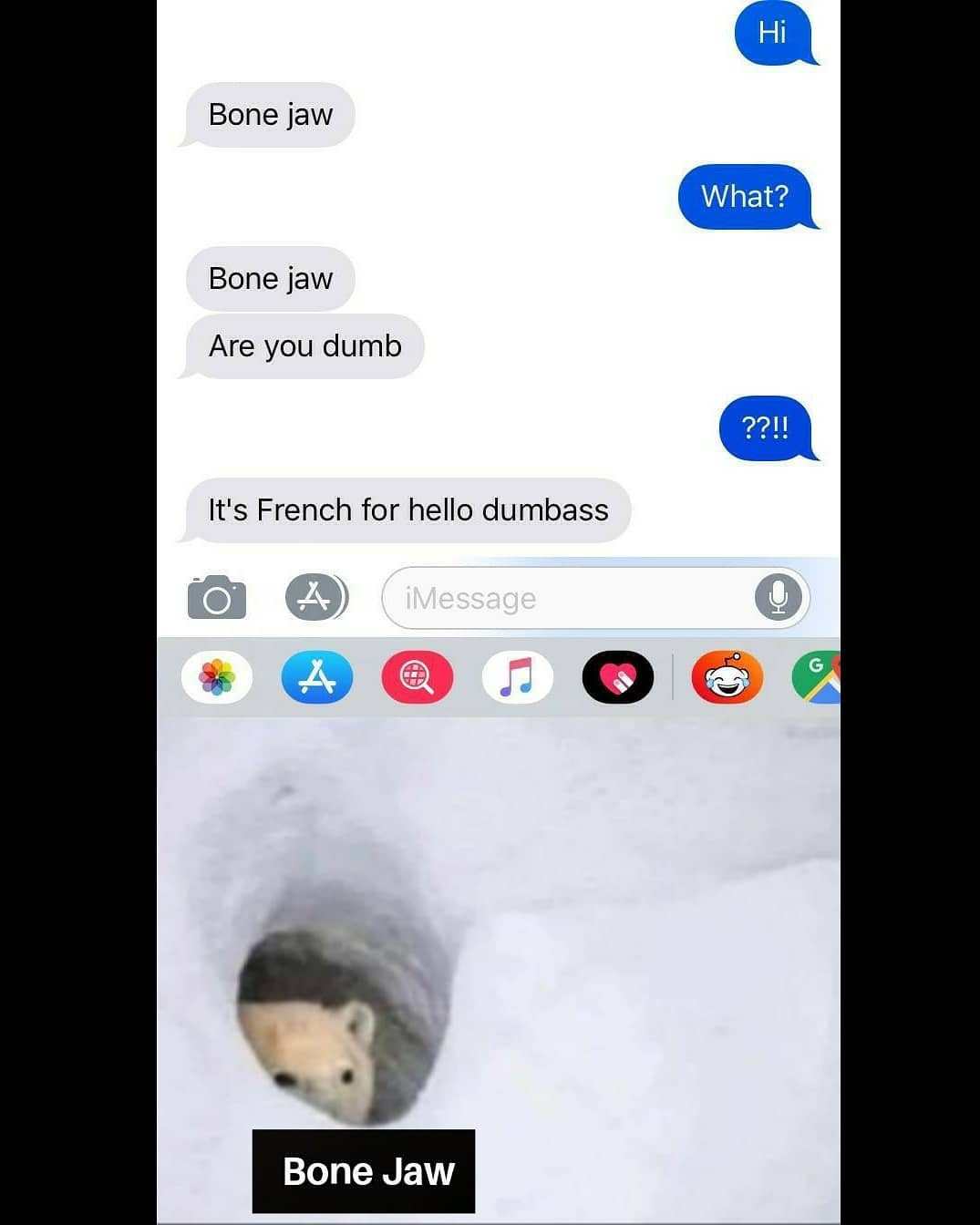 dank memes - love mobile texts - Hi Bone jaw What? Bone jaw Are you dumb ??!! It's French for hello dumbass A iMessage G A 2 Bone Jaw