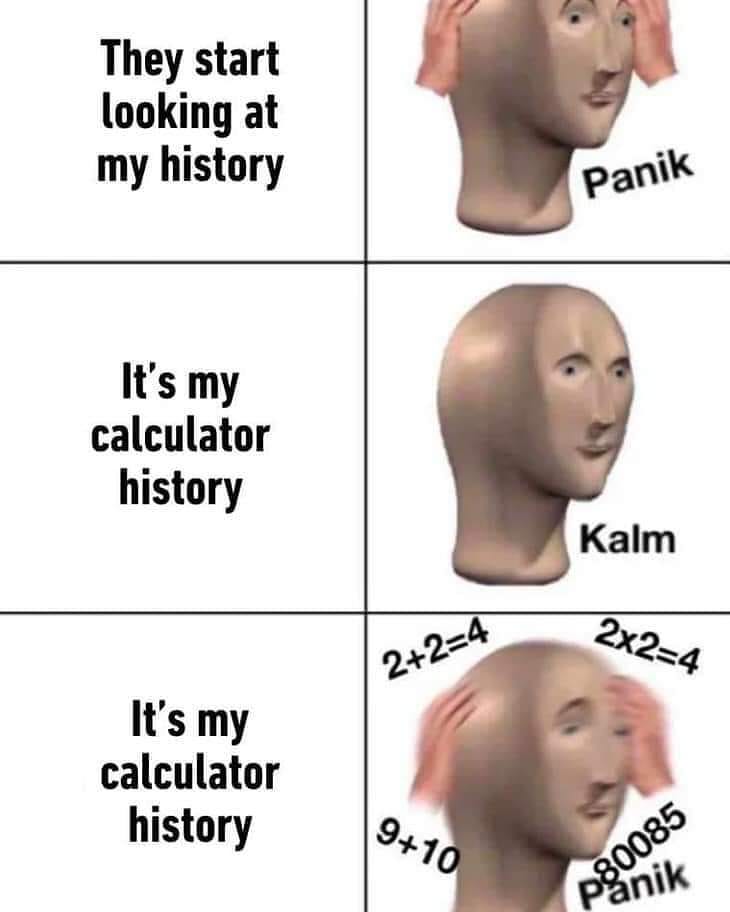 dank memes - panik memes - A80085 They start looking at my history Panik It's my calculator history Kalm 2x24 224 It's my calculator history 910