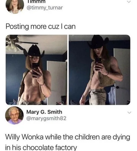 Posting more cuz I can - Willy Wonka while the children are dying in his chocolate factory