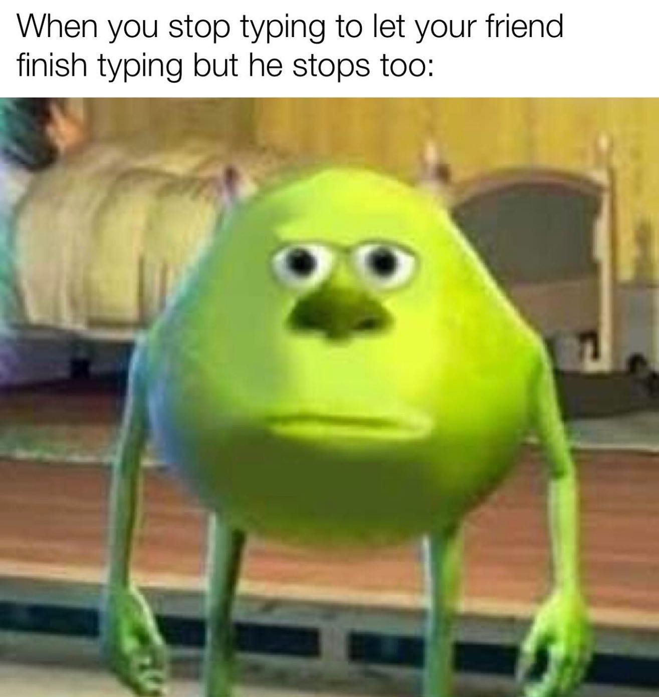 dank memes - mike wazowski meme - When you stop typing to let your friend finish typing but he stops too