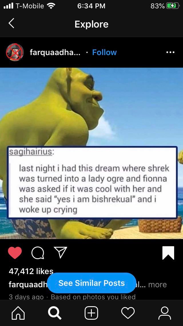 dirty-memes bishreksual meme - ...l TMobile 83% G2 ^ Explore farquaadha... sagihairius last night i had this dream where shrek was turned into a lady ogre and fionna was asked if it was cool with her and she said "yes i am bishrekual" and i woke up crying