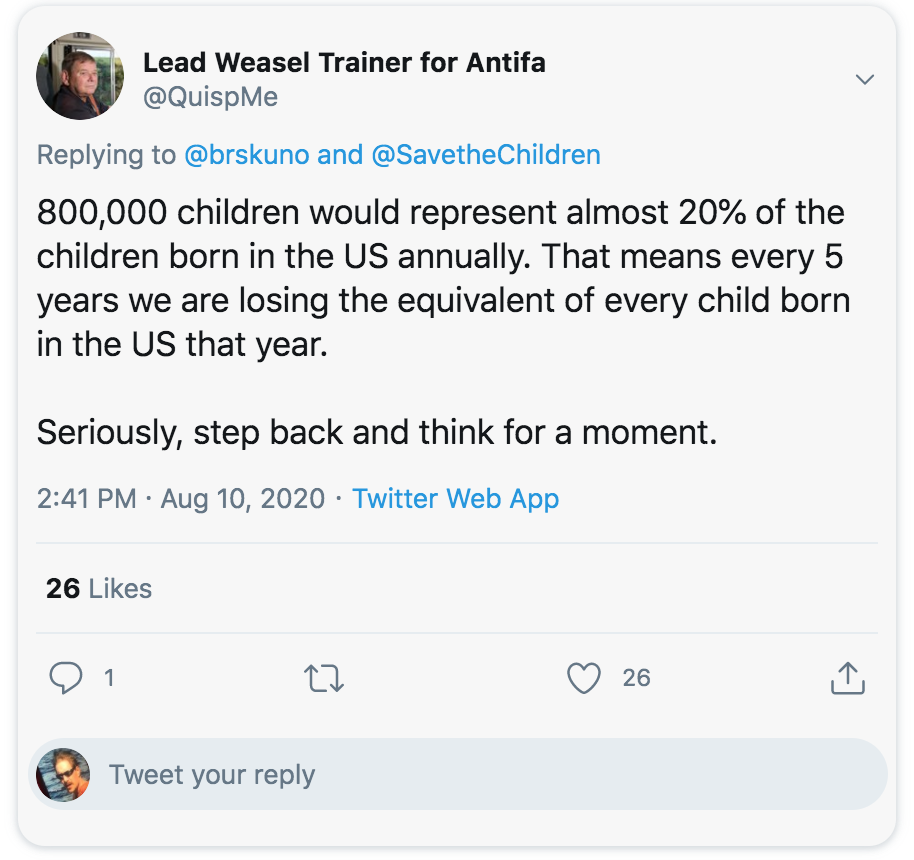 men making noise during sex meme - Lead Weasel Trainer for Antifa > and 800,000 children would represent almost 20% of the children born in the Us annually. That means every 5 years we are losing the equivalent of every child born in the Us that year. Ser