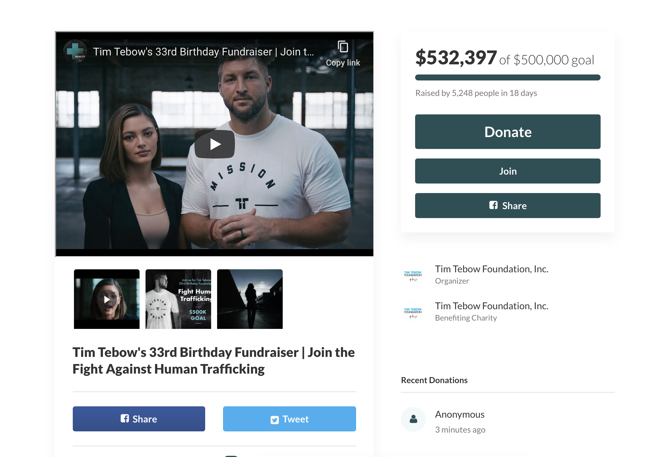 multimedia - Tim Tebow's 33rd Birthday Fundraiser | Join ... 5 Copy link $532,397 of $500.000 goal Raised by 5,248 people in 18 days Donate Join f Tim Tebow Foundation, Inc. Organizer Fight Hum Tradicin $ Tim Tebow Foundation, Inc. Benenting Charity Tim T