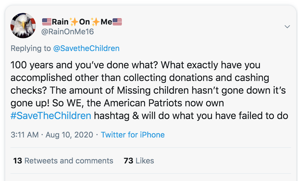 Screenshot - Rain On Me 100 years and you've done what? What exactly have you accomplished other than collecting donations and cashing checks? The amount of Missing children hasn't gone down it's gone up! So We, the American Patriots now own hashtag & wil
