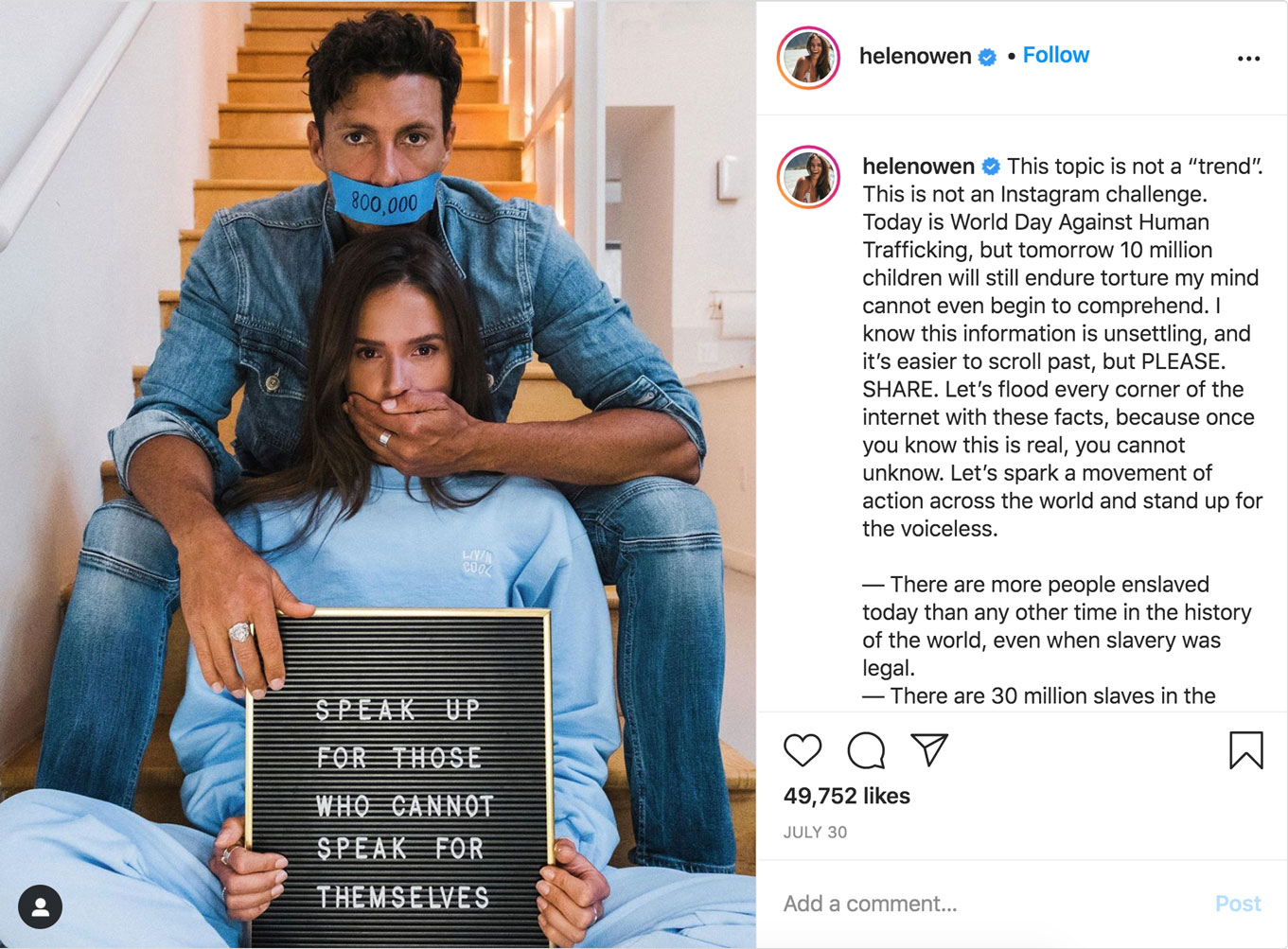 Helen Owen's Instagram post #SaveTheChildren - This topic is not a "trend". This is not an Instagram challenge. Today is World Day Against Human Trafficking, but tomorrow 10 million children will still endure torture my mind cannot even begin to comprehen