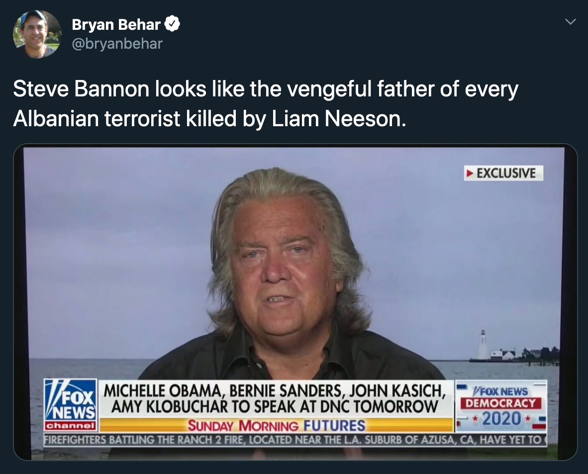 Steve Bannon looks like the vengeful father of every Albanian terrorist killed by Liam Neeson.
