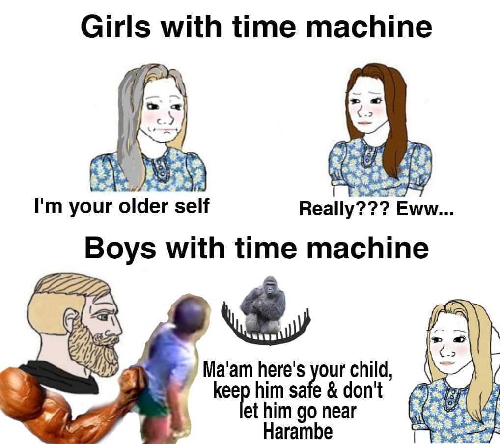 people - Girls with time machine I'm your older self Really??? Eww... Boys with time machine Ma'am here's your child, keep him safe & don't let him go near Harambe