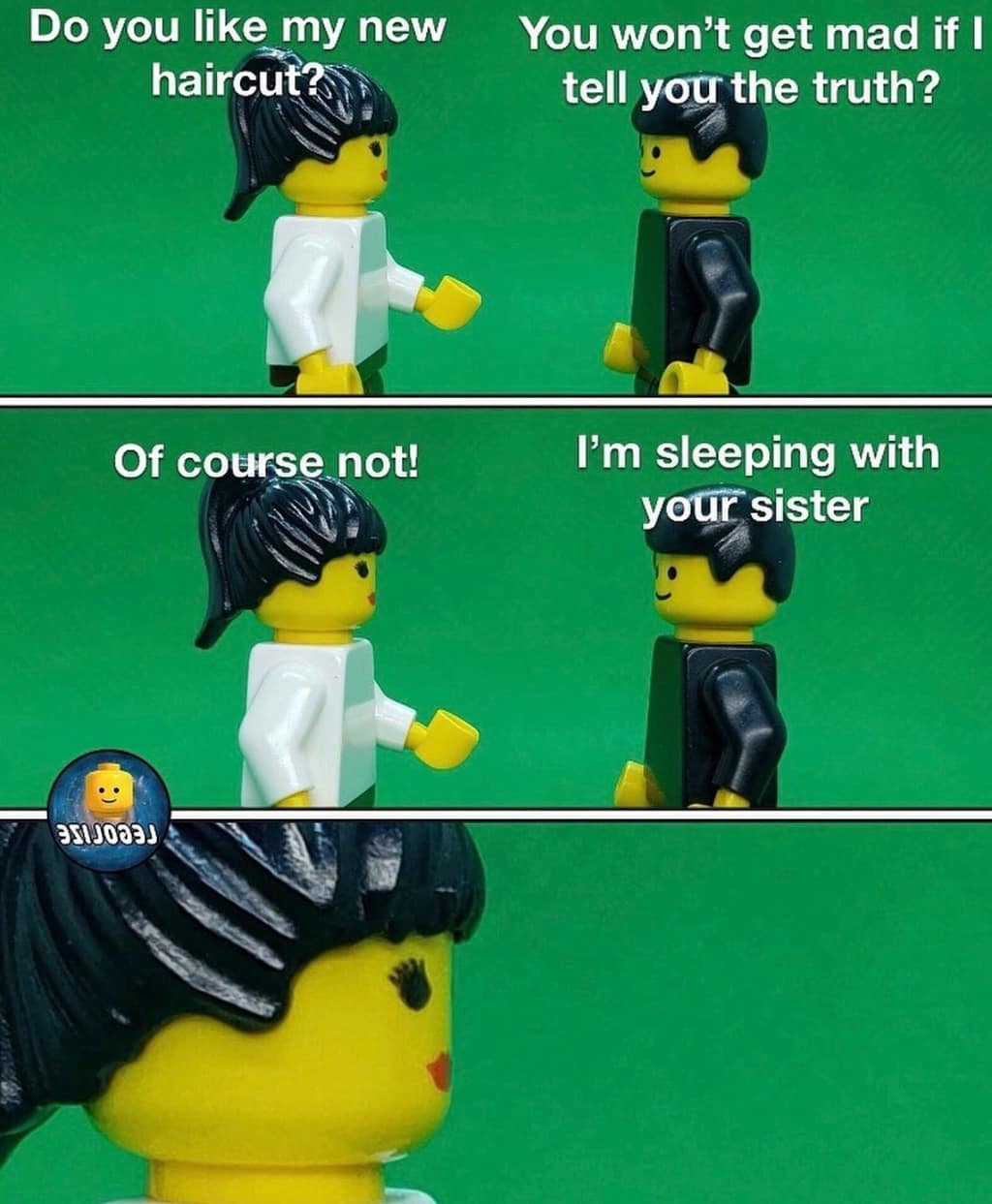 lego meme do you like my hair - Do you my new haircut? You won't get mad if I tell you the truth? Of course not! I'm sleeping with your sister 351083