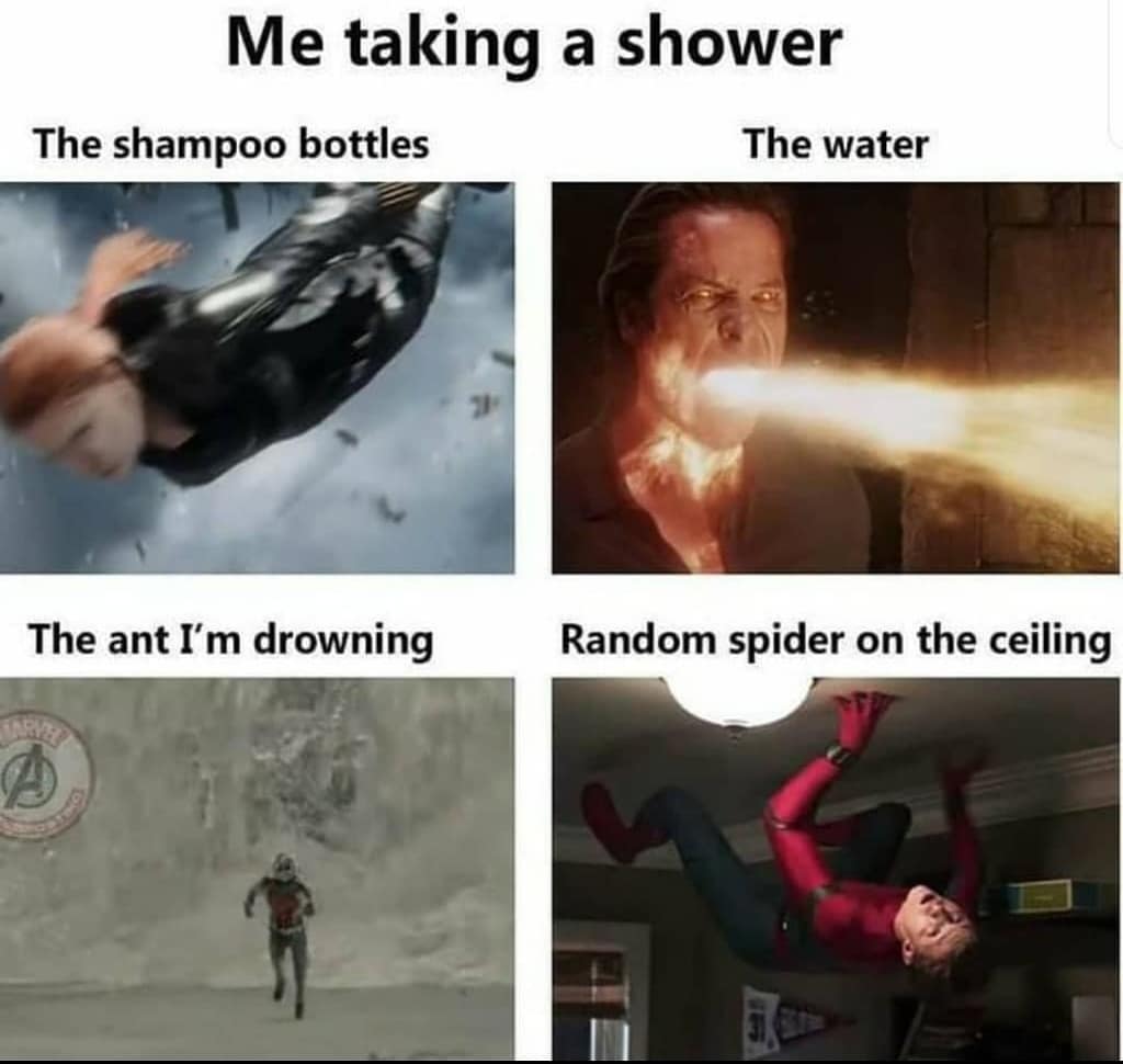quarantine memes - Me taking a shower The shampoo bottles The water The ant I'm drowning Random spider on the ceiling