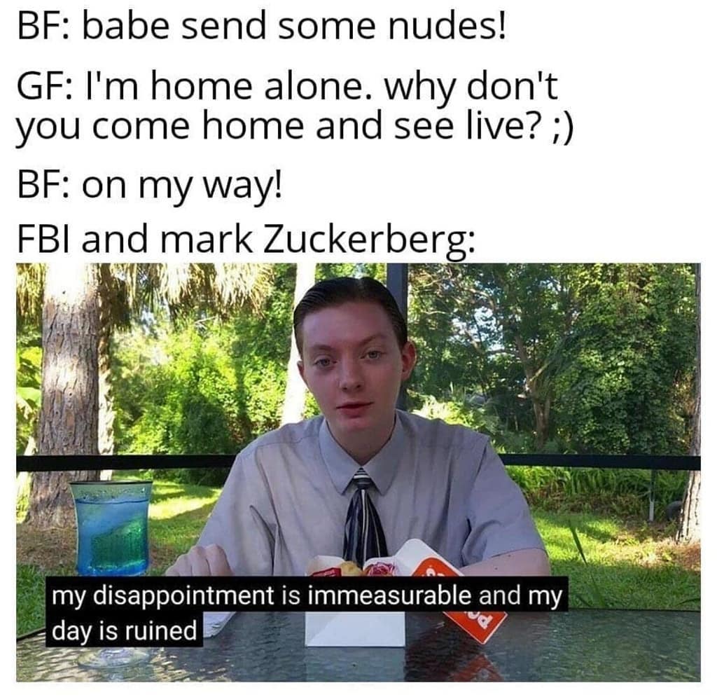 mark zuckerberg meme - Bf babe send some nudes! Gf I'm home alone. why don't you come home and see live? ; Bf on my way! Fbi and mark Zuckerberg my disappointment is immeasurable and my day is ruined