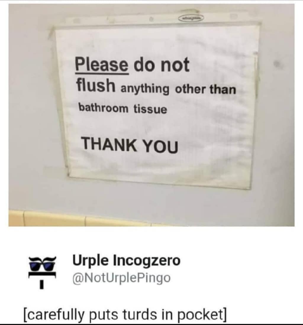 angle - Please do not flush anything other than bathroom tissue Thank You Urple Incogzero carefully puts turds in pocket