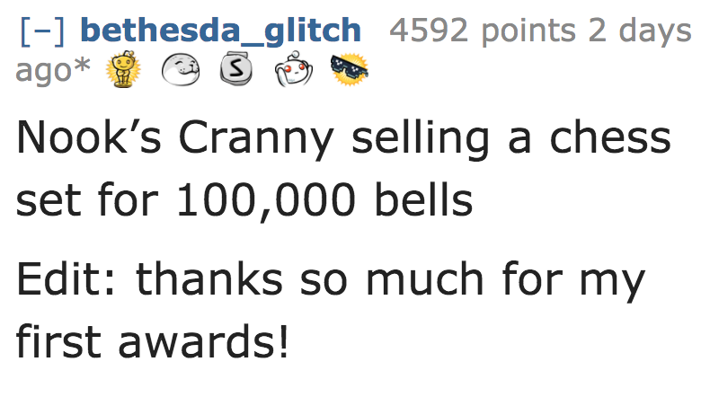 Nook's Cranny selling a chess set for 100,000 bells Edit thanks so much for my first awards!