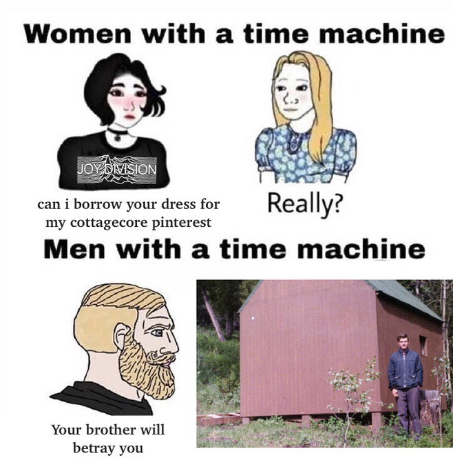 Internet meme - Women with a time machine Joy Division can i borrow your dress for Really? my cottagecore pinterest Men with a time machine Your brother will betray you