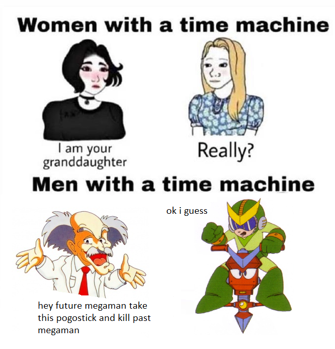 Time travel - Women with a time machine I am your Really? granddaughter Men with a time machine okig guess hey future megaman take this pogostick kill past megaman
