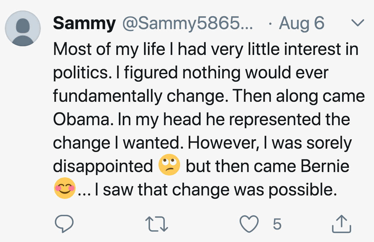 angle - . Aug 6 L Sammy ... Most of my life I had very little interest in politics. I figured nothing would ever fundamentally change. Then along came Obama. In my head he represented the change I wanted. However, I was sorely disappointed but then came B