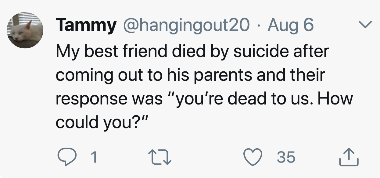 trump kc chiefs tweet - Tammy Aug 6 My best friend died by suicide after coming out to his parents and their response was "you're dead to us. How could you?" 1 27 35