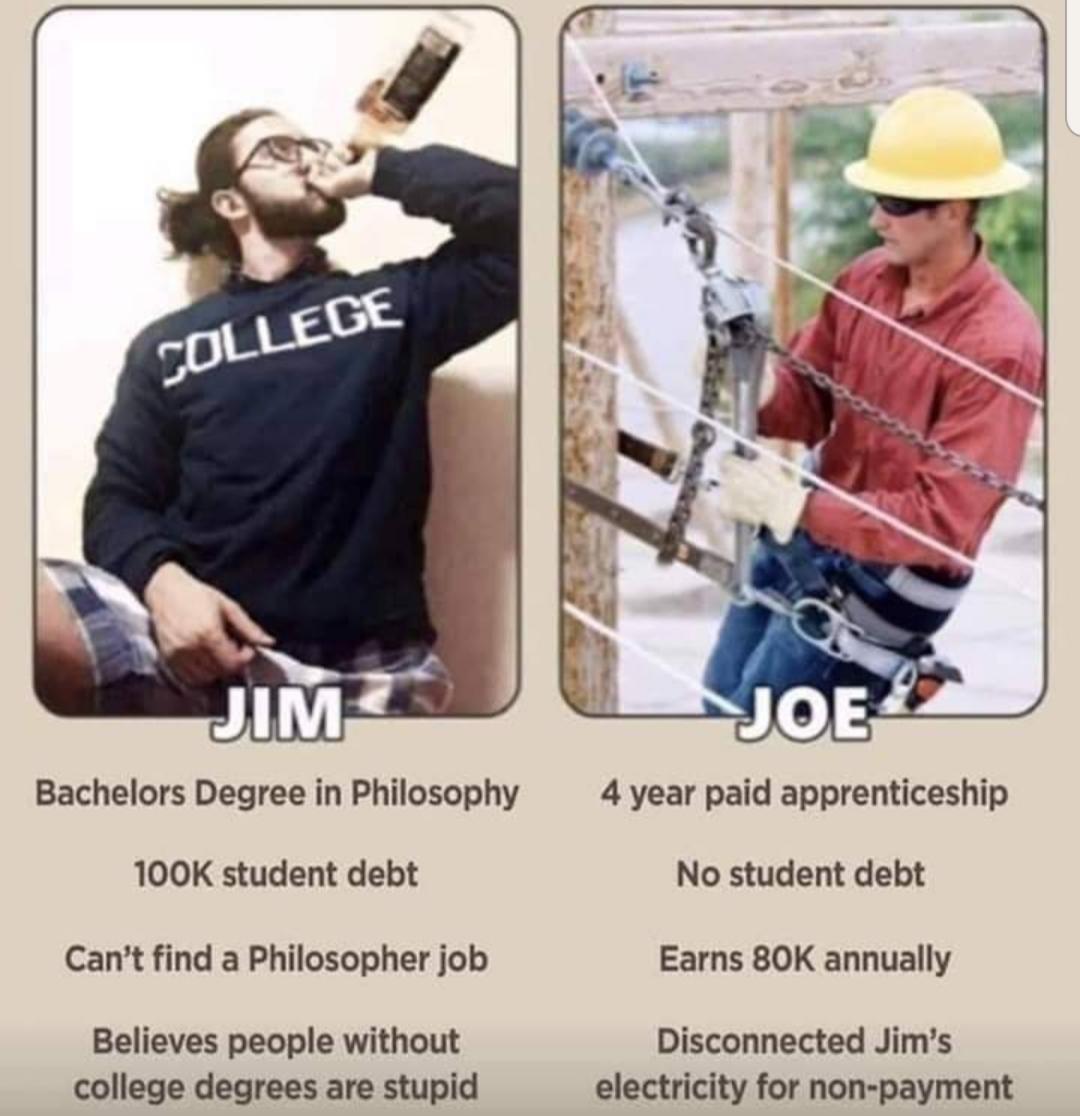 College Jim Joe 4 year paid apprenticeship Bachelors Degree in Philosophy student debt No student debt Can't find a Philosopher job Earns 8OK annually Believes people without college degrees are stupid Disconnected Jim's electricity for non