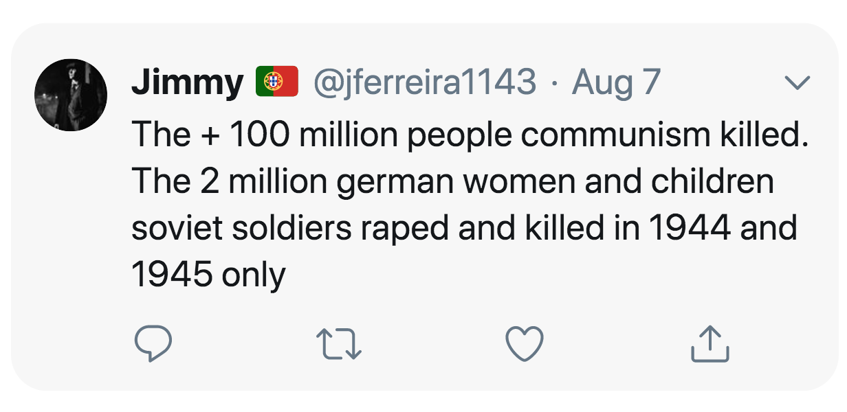 number - Jimmy O Aug 7 The 100 million people communism killed. The 2 million german women and children soviet soldiers raped and killed in 1944 and 1945 only 27