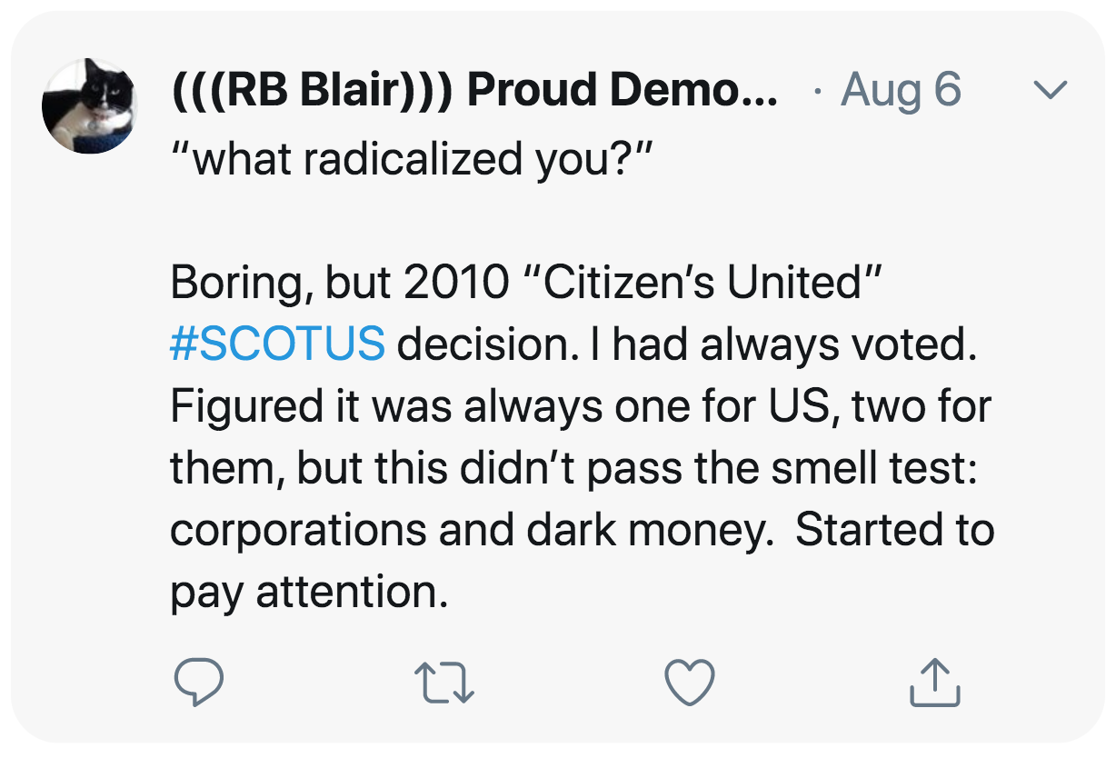 Carbon-13 nuclear magnetic resonance - Rb Blair Proud Demo... Aug 6 "what radicalized you?" Boring, but 2010 "Citizen's United" decision. I had always voted. Figured it was always one for Us, two for them, but this didn't pass the smell test corporations 
