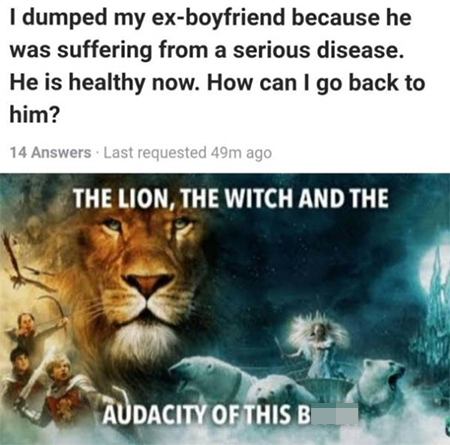 I dumped my exboyfriend because he was suffering from a serious disease. He is healthy now. How can I go back to him? - The Lion, The Witch And The Audacity Of This Bitch