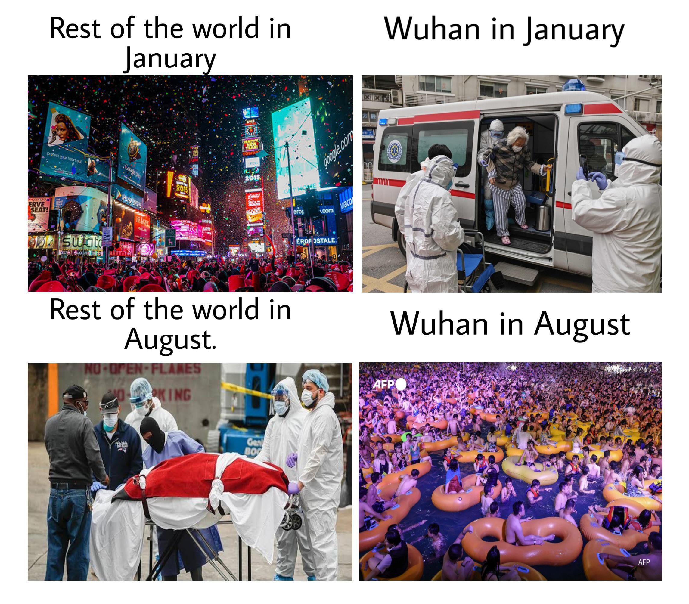 dank memes - crowd - Wuhan in January Rest of the world in January yer 9501 Ortale Wuhan in August Rest of the world in August En Flares Aking Afp Afp