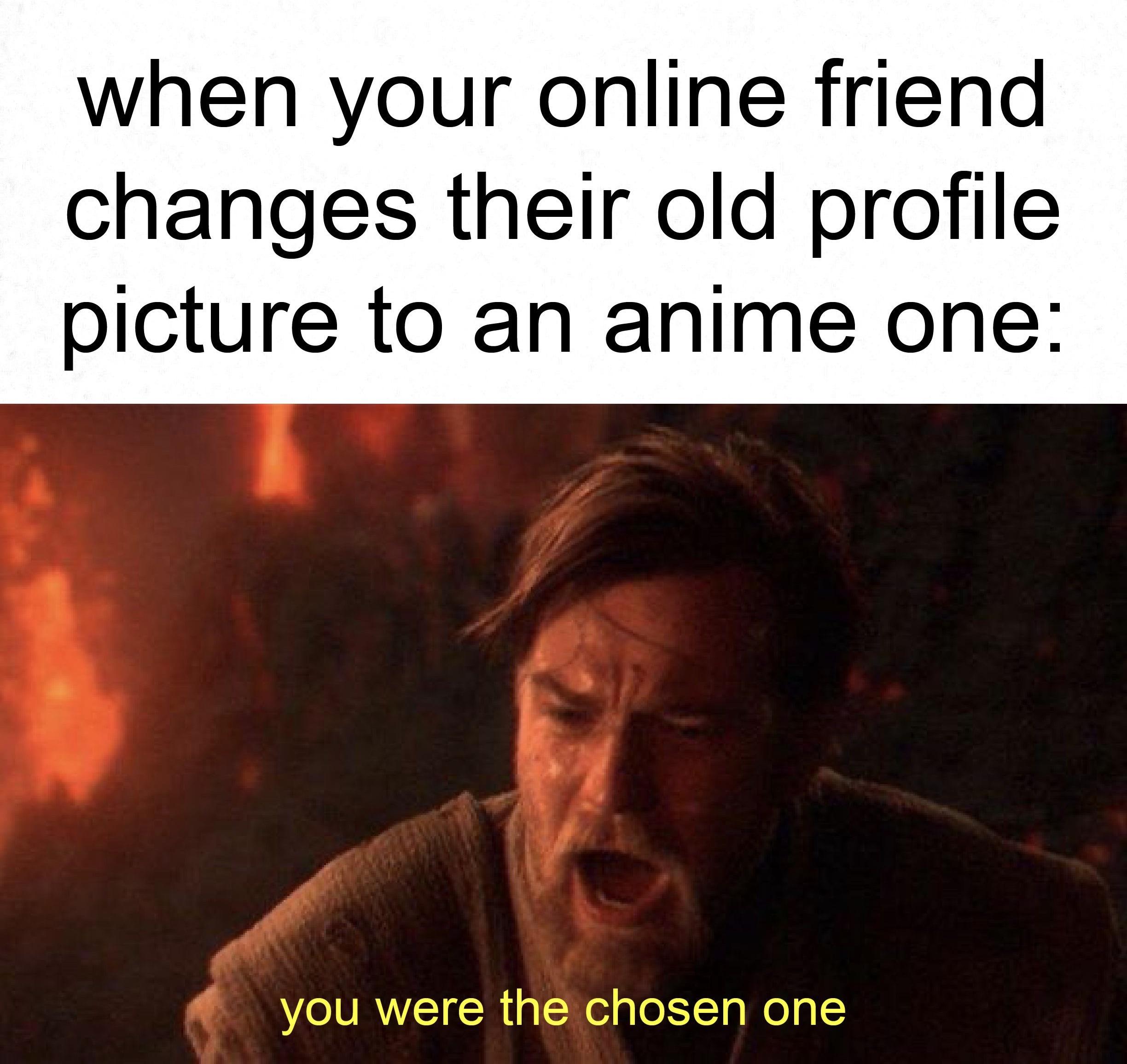 dank memes - photo caption - when your online friend changes their old profile picture to an anime one you were the chosen one