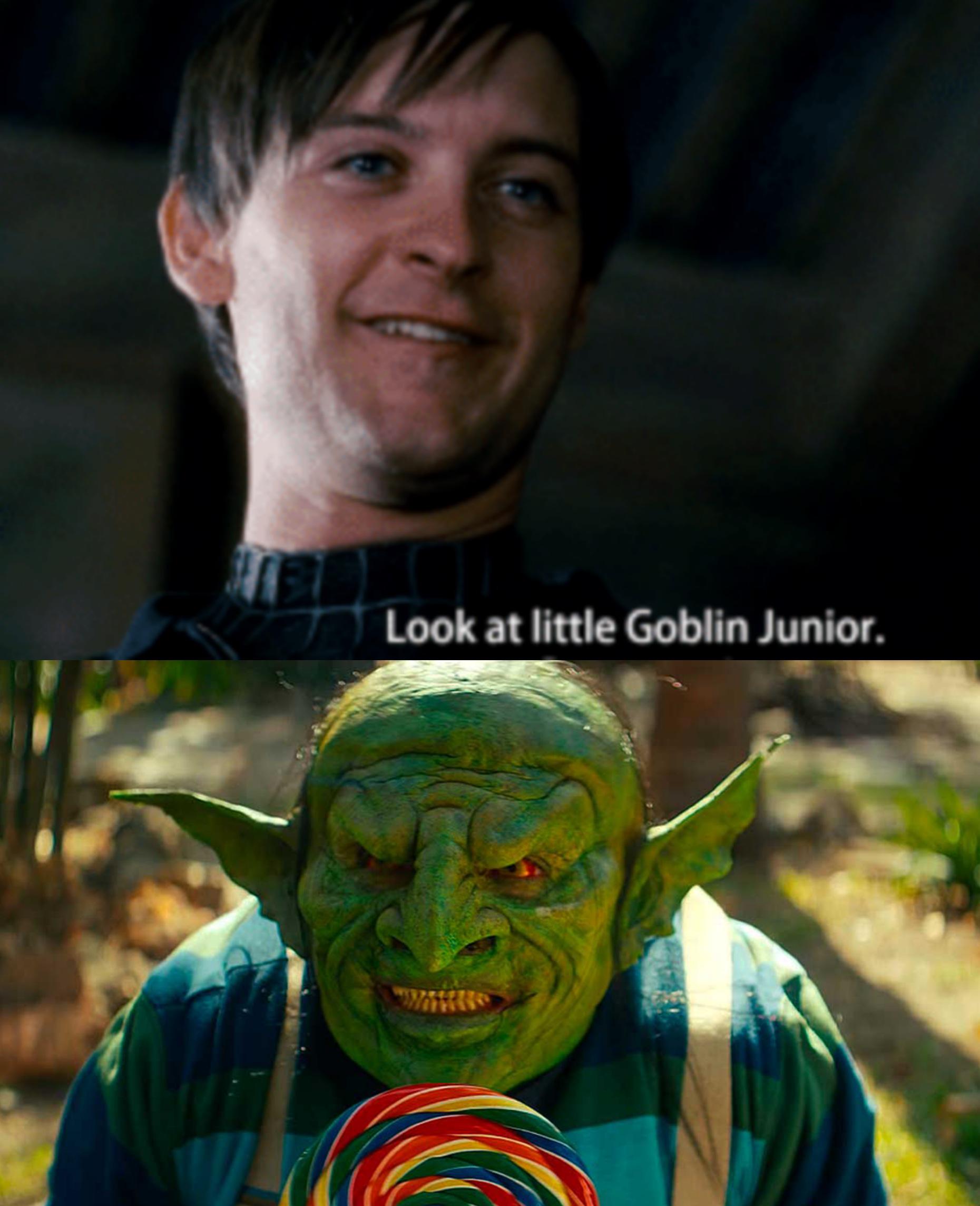 dank memes - tobey maguire gonna cry gif - Look at little Goblin Junior.