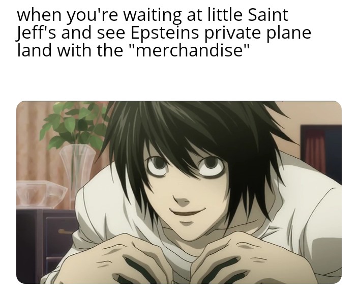 low quality death note - when you're waiting at little Saint Jeff's and see Epsteins private plane land with the "merchandise"
