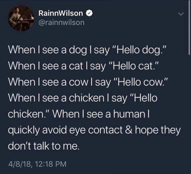 relatable tweets from childhood - Rainn Wilson When I see a dog I say "Hello dog." When I see a cat I say "Hello cat." When I see a cow I say "Hello cow." When I see a chicken I say "Hello chicken." When I see a human | quickly avoid eye contact & hope th