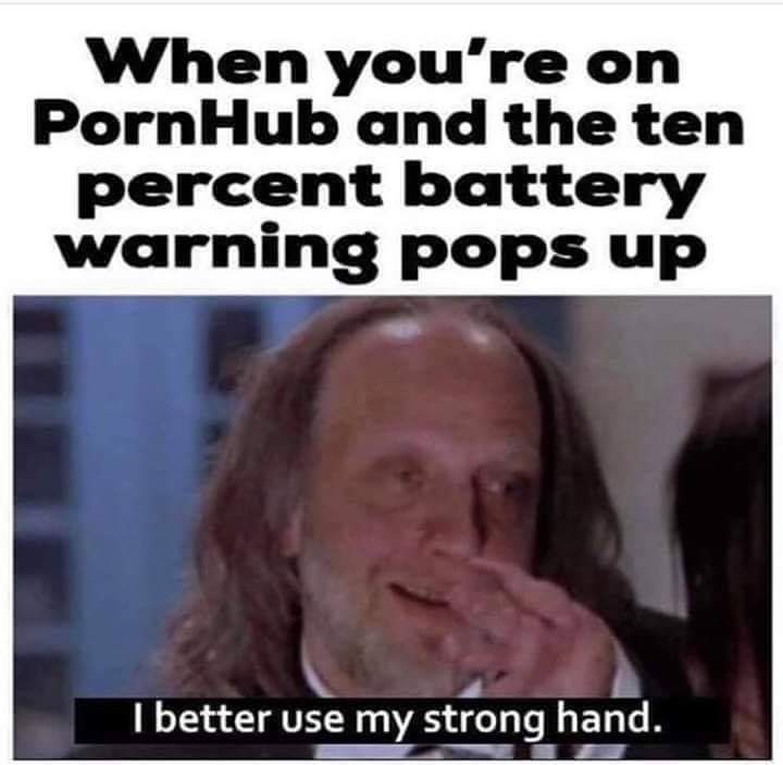 sex memes - better use my strong hand - When you're on PornHub and the ten percent battery warning pops up I better use my strong hand.