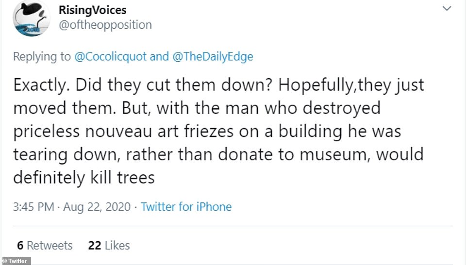 trump space tweet - RisingVoices and Exactly. Did they cut them down? Hopefully, they just moved them. But, with the man who destroyed priceless nouveau art friezes on a building he was tearing down, rather than donate to museum, would definitely kill tre
