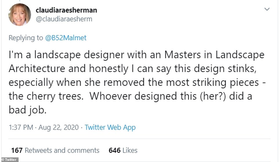 document - claudiaraesherman I'm a landscape designer with an Masters in Landscape Architecture and honestly I can say this design stinks, especially when she removed the most striking pieces the cherry trees. Whoever designed this her? did a bad job. . T