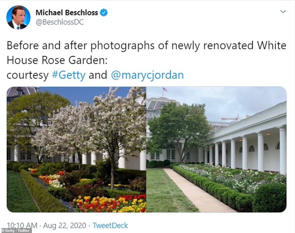 real estate - Michael Beschloss Before and after photographs of newly renovated White House Rose Garden courtesy and TweetDeck Getty Twitter