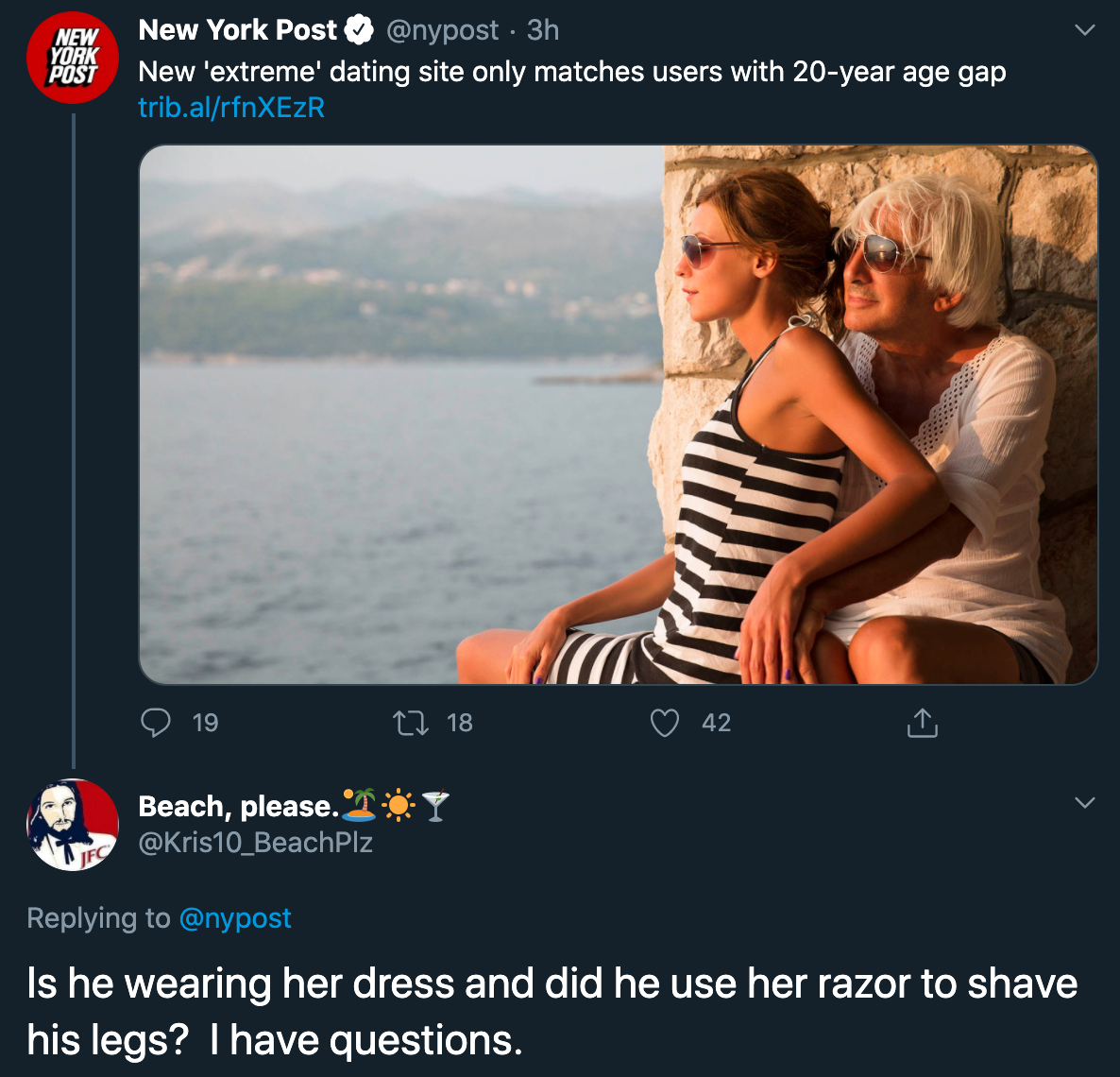 New 'extreme' dating site only matches users with 20year age gap - Is he wearing her dress and did he use her razor to shave his legs? I have questions.