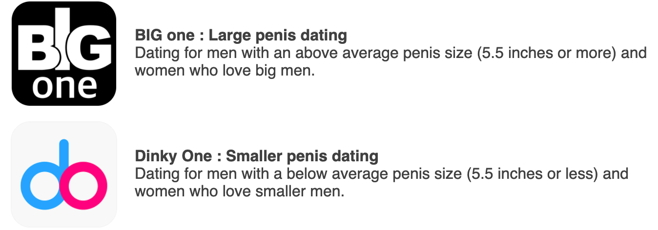 Big one Large penis dating Dating for men with an above average penis size 5.5 inches or more and women who love big men. one do Dinky One Smaller penis dating Dating for men with a below average penis size 5.5 inches or less and women who lov