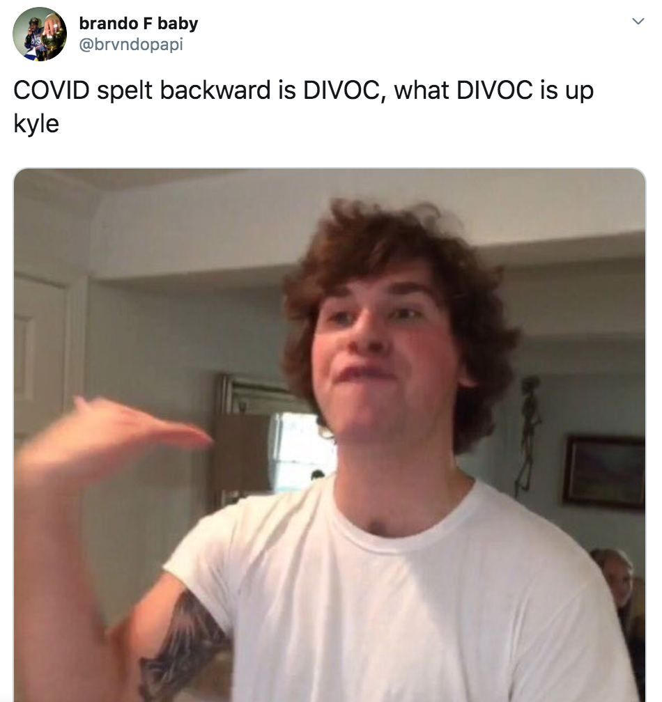 wtf is up kyle - brando F baby Covid spelt backward is Divoc, what Divoc is up kyle