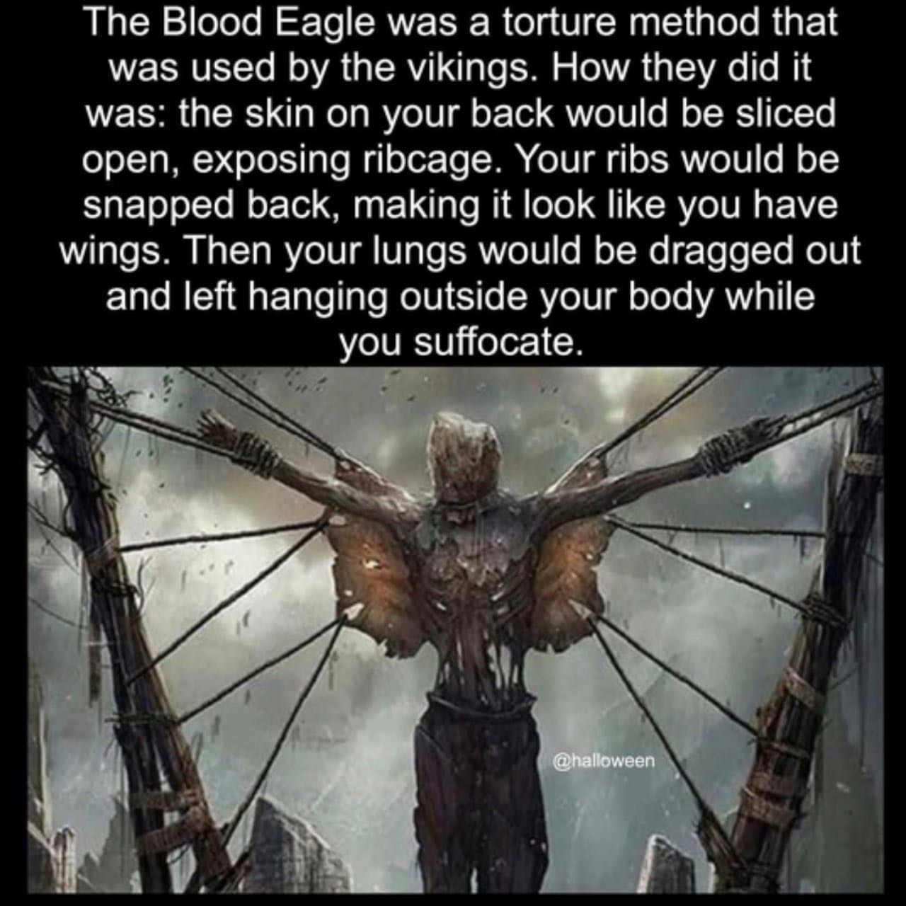 blood eagle - The Blood Eagle was a torture method that was used by the vikings. How they did it was the skin on your back would be sliced open, exposing ribcage. Your ribs would be snapped back, making it look you have wings. Then your lungs would be dra