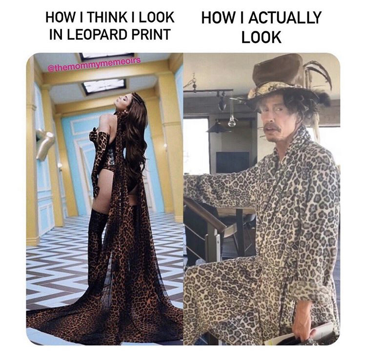dirty memes How I Think I Look In Leopard Print How I Actually Look themommymemeoirs