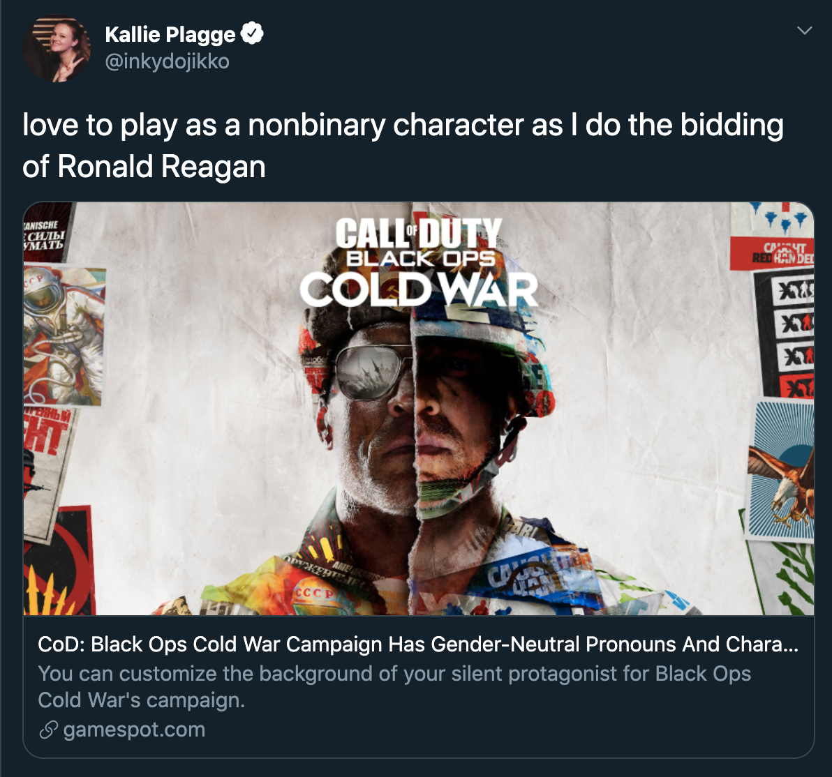 love to play as a nonbinary character as I do the bidding of Ronald Reagan Com Mate Ot Call Duty Black Ops Cold War X Xt Cod Black Ops Cold War Campaign Has GenderNeutral Pronouns