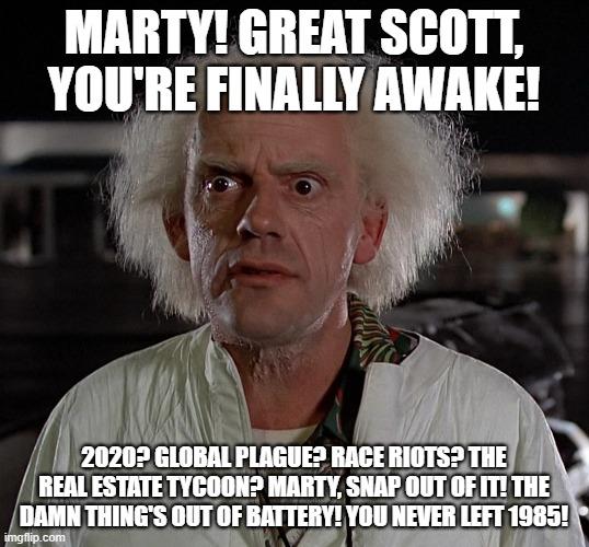 you're finally awake - photo caption - Marty! Great Scott, You'Re Finally Awake! 2020? Global Plague? Race Riots? The Real Estate Tycoon? Marty, Snap Out Of It. The Damn Thing'S Out Of Battery! You Never Left 1985! imgflip.com