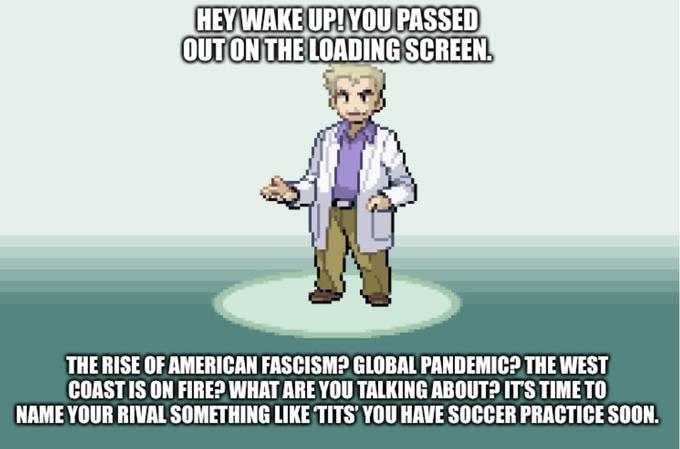 you're finally awake - cartoon - Hey Wake Up! You Passed Out On The Loading Screen. The Rise Of American Fascism? Global Pandemic? The West Coast Is On Fire? What Are You Talking About? It'S Time To Name Your Rival Something Tits' You Have Soccer Practice