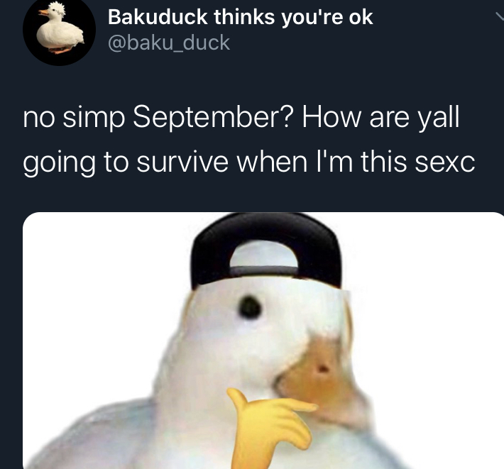 no simp september - water bird - Bakuduck thinks you're ok no simp September? How are yall going to survive when I'm this sexo