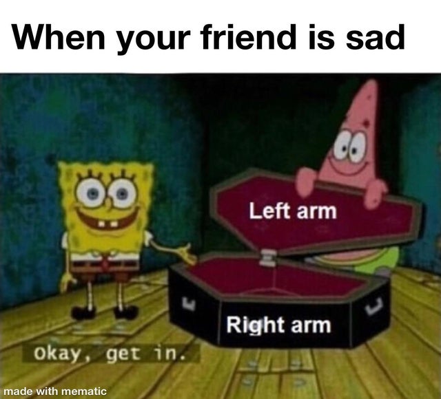 relationship-memes steve irwin peta meme spongebob - When your friend is sad Oo Left arm Right arm okay, get in. made with mematic