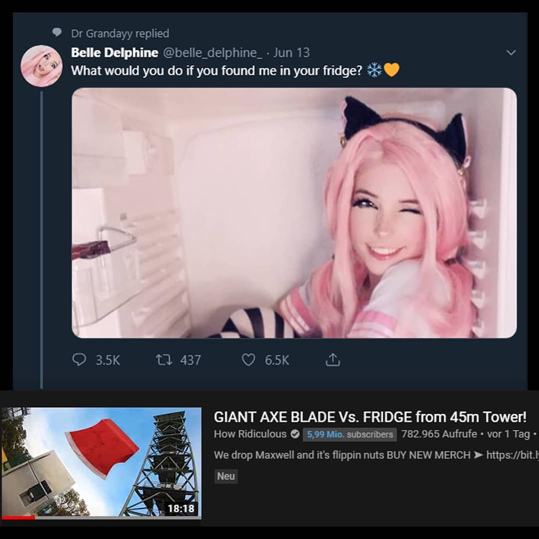dank memes - belle delphine memes - Dr Grandayy replied Belle Delphine Jun 13 What would you do if you found me in your fridge? 9 22 437 Giant Axe Blade Vs. Fridge from 45m Tower! How Ridiculous 5,99 Mio. subscribers 782.965 Aufrufe . vor 1 Tag. We drop M