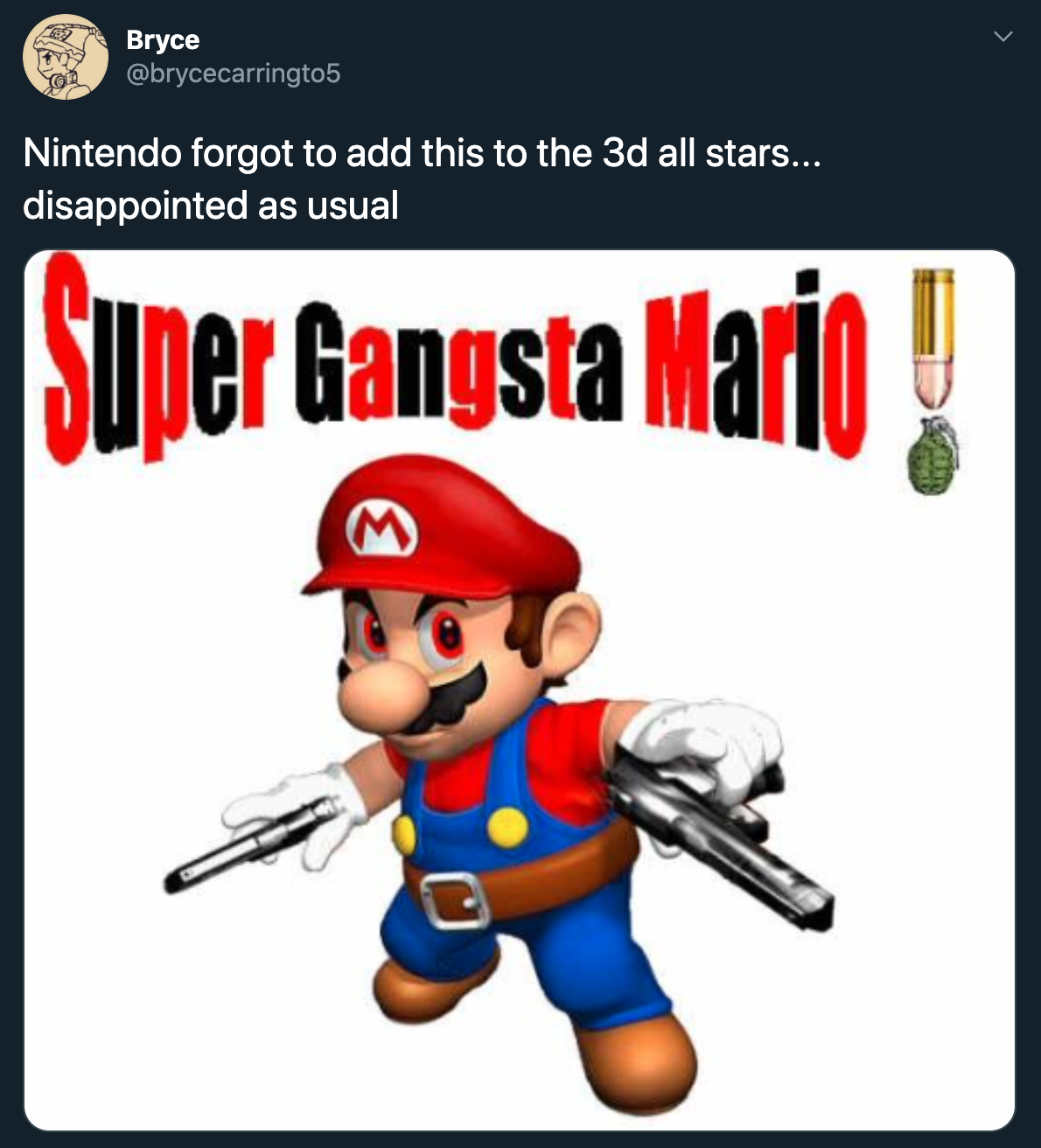 mario with guns - Nintendo forgot to add this to the 3d all stars... disappointed as usual Super Gangsta Mario