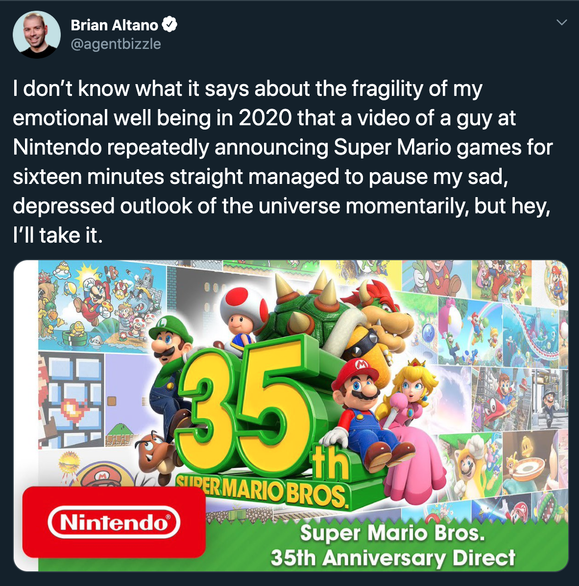 I don't know what it says about the fragility of my emotional well being in 2020 that a video of a guy at Nintendo repeatedly announcing Super Mario games for sixteen minutes straight managed to pause my sad, depressed outlook