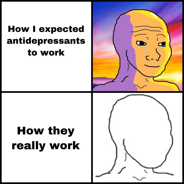 dark-memes cartoon - How I expected antidepressants to work How they really work