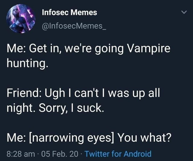 dark-memes sky - Infosec Memes Me Get in, we're going Vampire hunting. Friend Ugh I can't I was up all night. Sorry, I suck. Me narrowing eyes You what? 05 Feb. 20 Twitter for Android