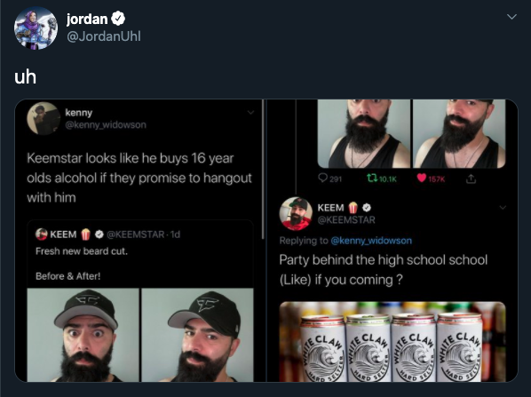 Keemstar looks he buys 16 year olds alcohol if they promise to hangout with him - Keem Party behind the high school school if you coming ?