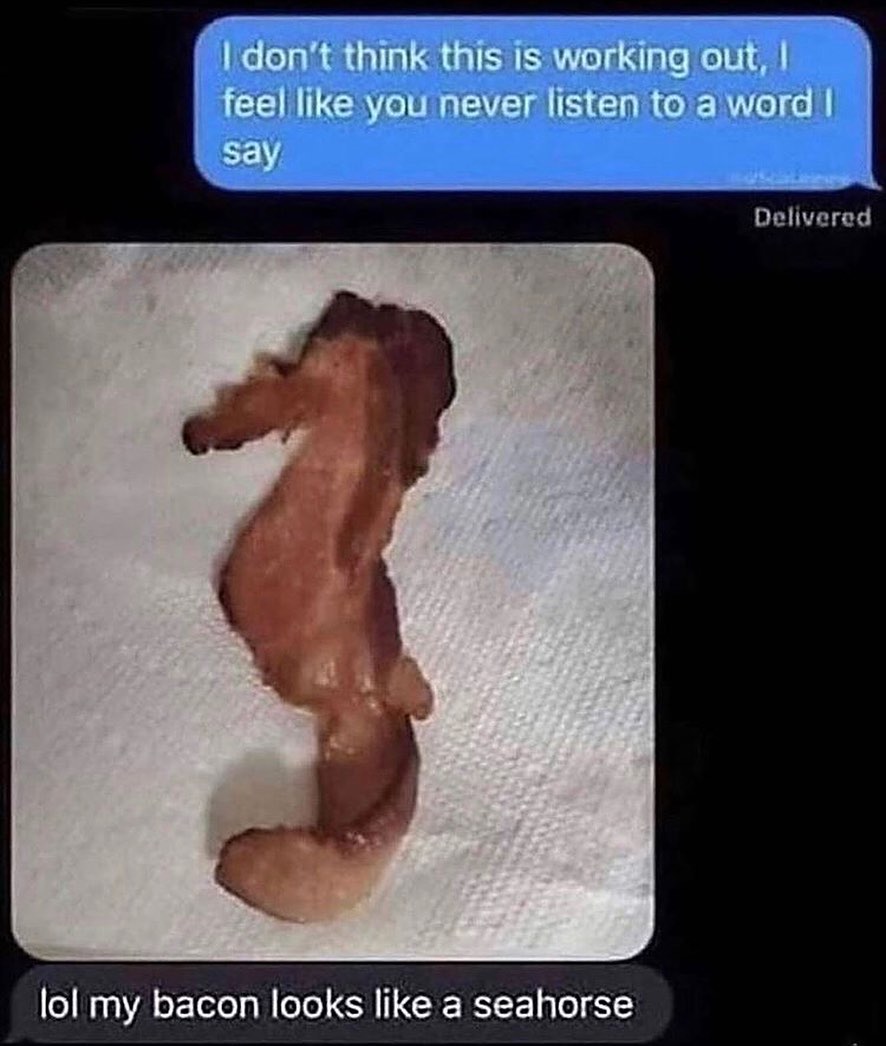 ebaums world dank memes - my bacon looks like a seahorse - I don't think this is working out, feel you never listen to a word I say Delivered lol my bacon looks a seahorse